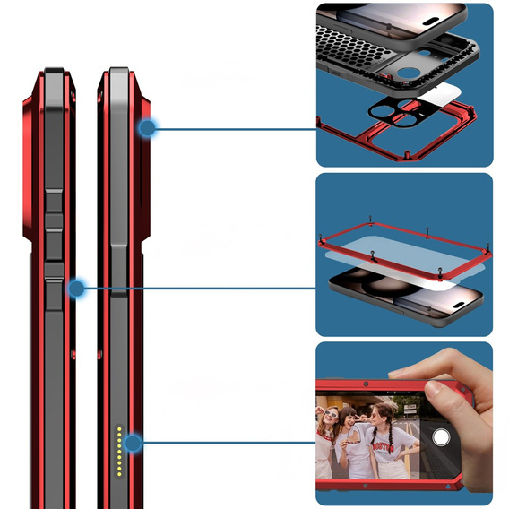 Чехол для iPhone 15 Pro, бронированный, со встроенным стеклом, красный