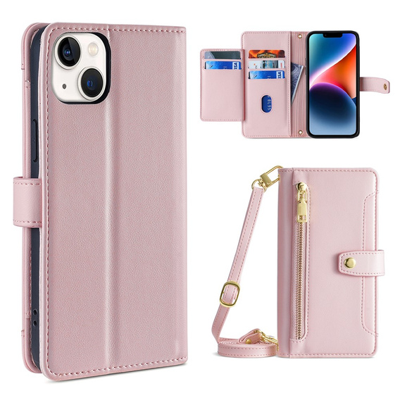 Откидной чехол для iPhone 14, Wallet Zipper Pocket, розовый