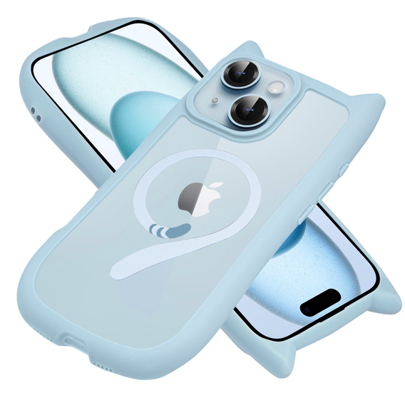 Чехол для iPhone 15, для MagSafe, Cute Cat, синий + стекло для экрана