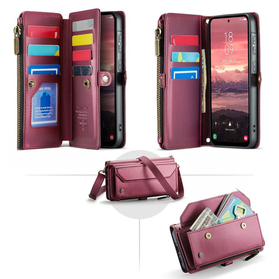Чехол CASEME для Samsung Galaxy A56 5G, RFID Leather Wallet, с плечевым ремнем, красный