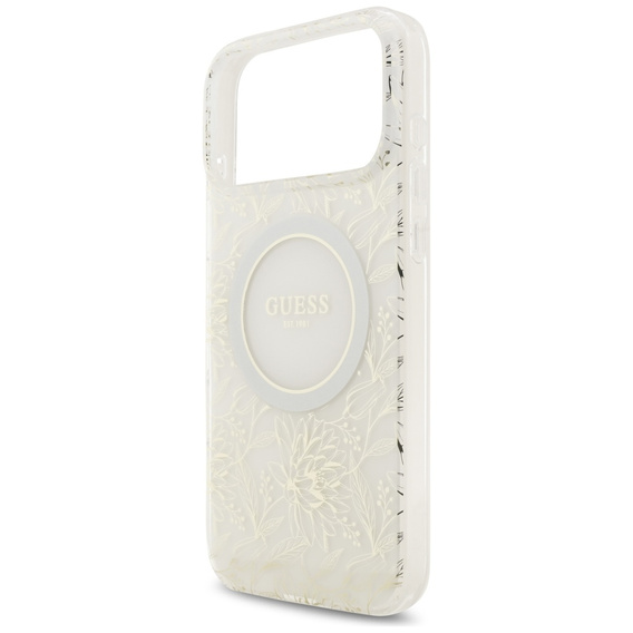 Чехол Guess IML Flowers Electroplated Allover With Beads Strap, для MagSafe, с ремешком для iPhone 17 Pro Max
