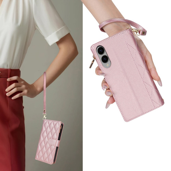 Чохол-сумка для Samsung Galaxy S25 Edge, Rhombus Crossbody Leather, рожевий rose gold