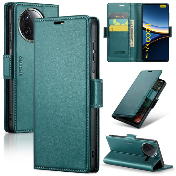 Чехол для Xiaomi Poco F7 Ultra, ERBORD Glossy Litchi, кошелек с клапаном, зелёный