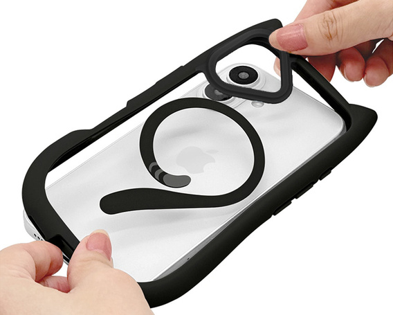Чехол для iPhone 16, для MagSafe, Cute Cat, чёрный + стекло для экрана