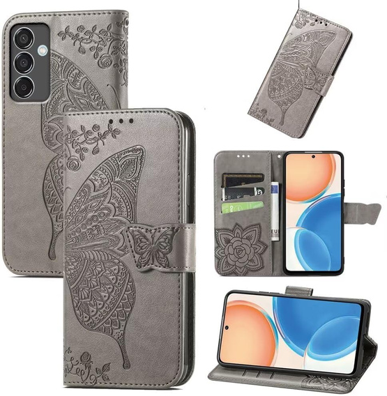 Откидной чехол для Samsung Galaxy M55 5G, Butterfly, серый