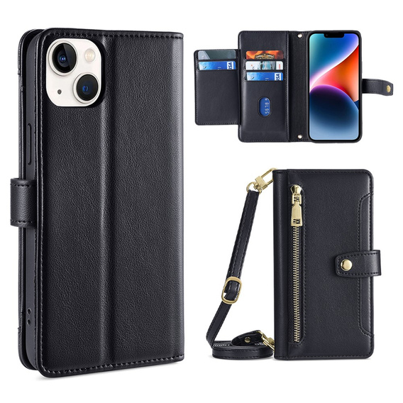 Откидной чехол для iPhone 14, Wallet Zipper Pocket, чёрный