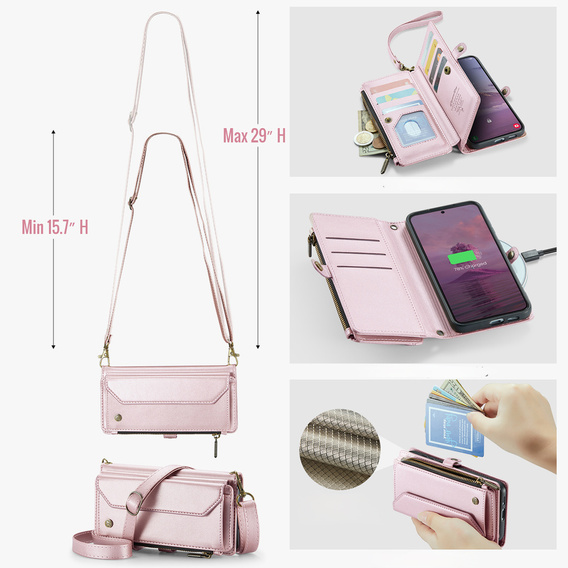 Чехол CASEME для Samsung Galaxy S25 FE, RFID Leather Wallet, с плечевым ремнем, розовый