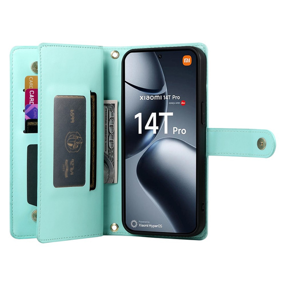 Откидной чехол для Xiaomi 14T Pro, Wallet Zipper Pocket, зелёный