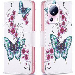 Откидной чехол для Xiaomi 13 Lite, Wallet, butterfly & flowers, белый