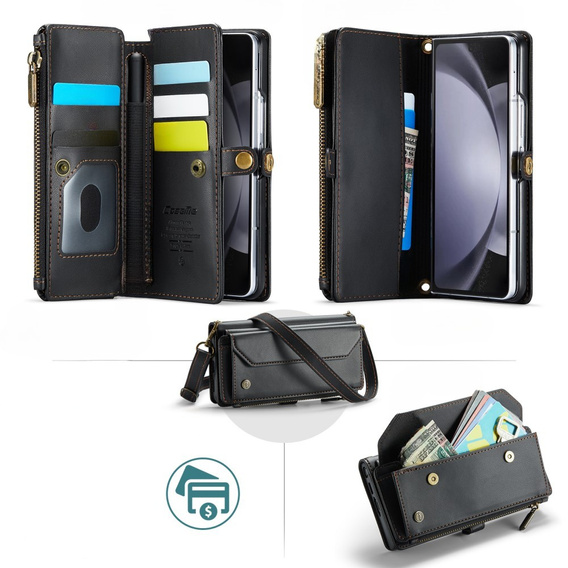 Чехол CASEME для Samsung Galaxy Z Fold6 5G, RFID Leather Wallet, с плечевым ремнем, чёрный