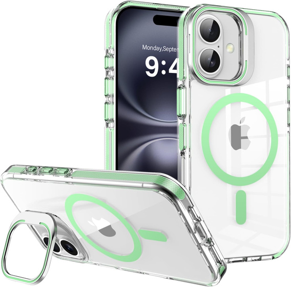 Чохол для iPhone 17, для MagSafe, з підставкою, прозорий із зеленими вставками
