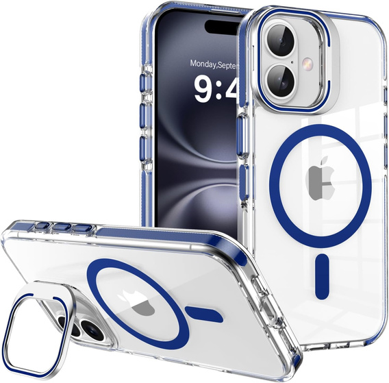 Чехол для iPhone 17, для MagSafe, с подставкой, прозрачный с темно-синими вставками
