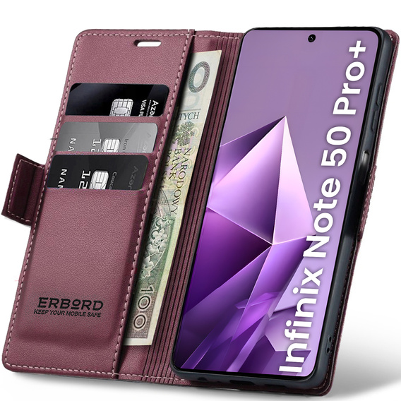 Чехол для Infinix Note 50 Pro+, ERBORD Glossy Litchi, кошелек с клапаном, красный