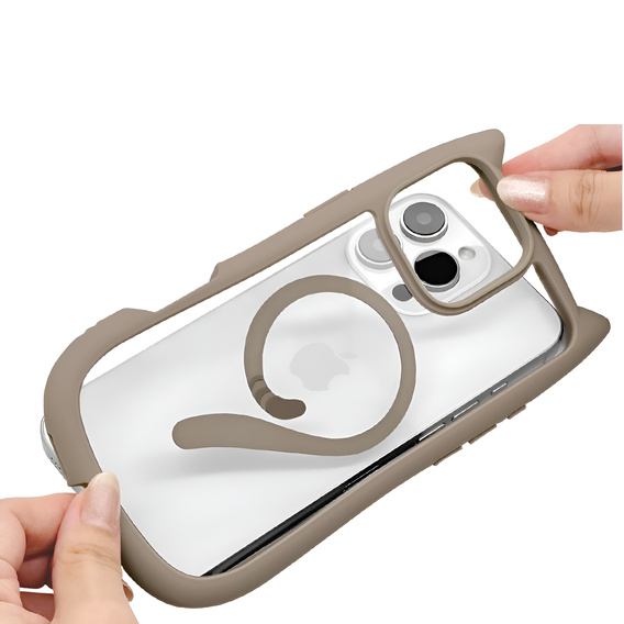 Чехол для iPhone 16 Pro, для MagSafe, Cute Cat, серый + стекло для экрана