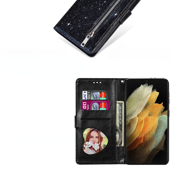 Чохол-книжка для Samsung Galaxy S24 Ultra, Wallet Zipper Pocket Glittery, чорний