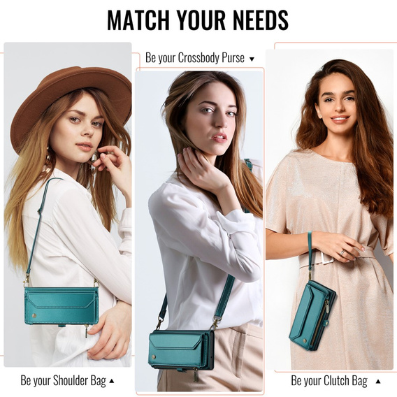Чехол CASEME для Samsung Galaxy A56 5G, RFID Leather Wallet, с плечевым ремнем, зелёный