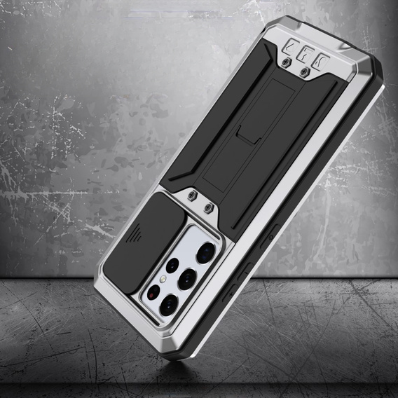 Чехол для Samsung Galaxy S21 Ultra, R-JUST CamShield Slide, бронированный, серебряный / черный