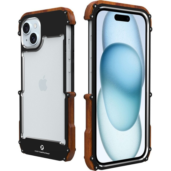 Чехол R-JUST для iPhone 15, Alu Wood Bumper, черный