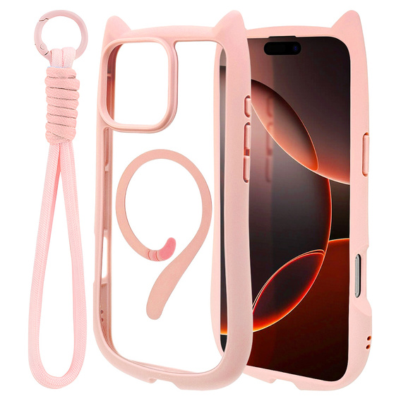 Чохол для iPhone 16 Pro, для MagSafe, Cute Cat, рожевий + захисне скло