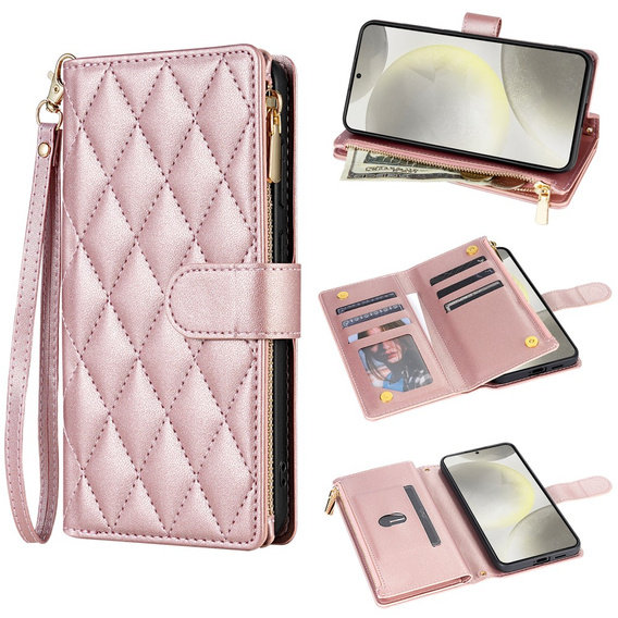 Чохол-сумка для Samsung Galaxy A56 5G, Rhombus Crossbody Leather, рожевий rose gold