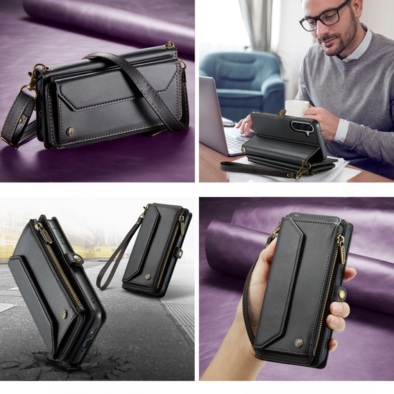 Чехол CASEME для Samsung Galaxy A56 5G, RFID Leather Wallet, с плечевым ремнем, чёрный