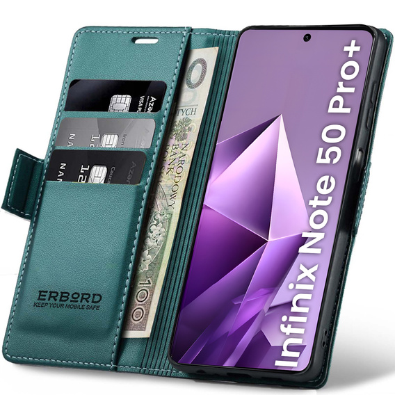 Чехол для Infinix Note 50 Pro+, ERBORD Glossy Litchi, кошелек с клапаном, зелёный