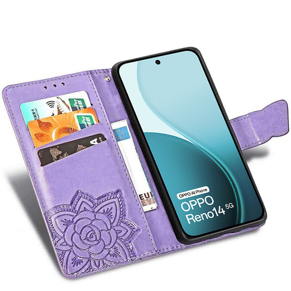 Чехол с крышкой для Oppo Reno 14, Butterfly, бумажник, фиолетовый