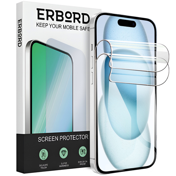 2x Гідрогелева плівка для iPhone 15, ERBORD Hydrogel Foil