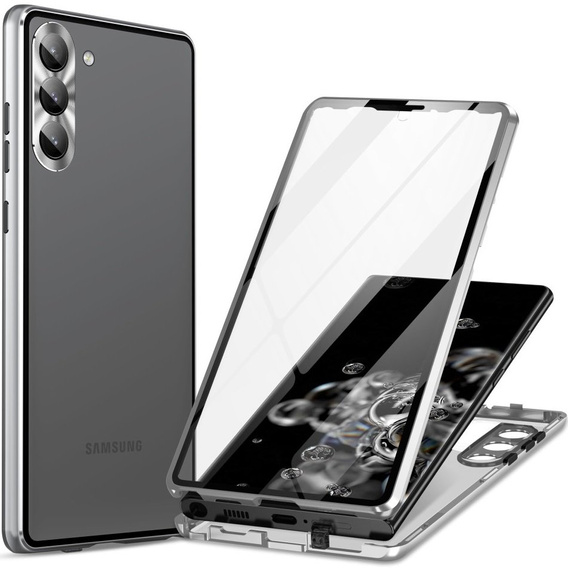 Чехол для Samsung Galaxy S23 Plus, Magnetic Dual Glass, серебряный