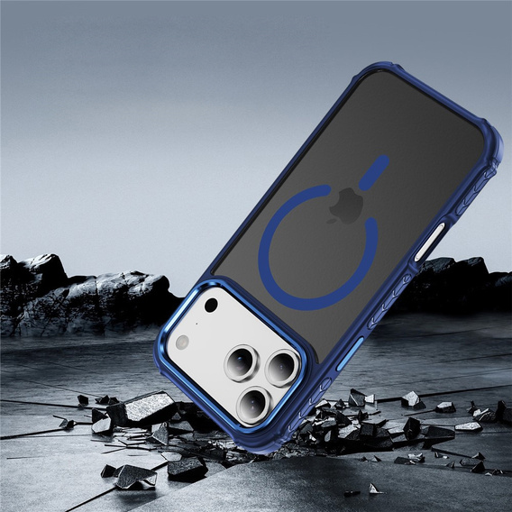 Матовый чехол для iPhone 17 Pro, бронированный, для MagSafe, дымчатый с синими боками