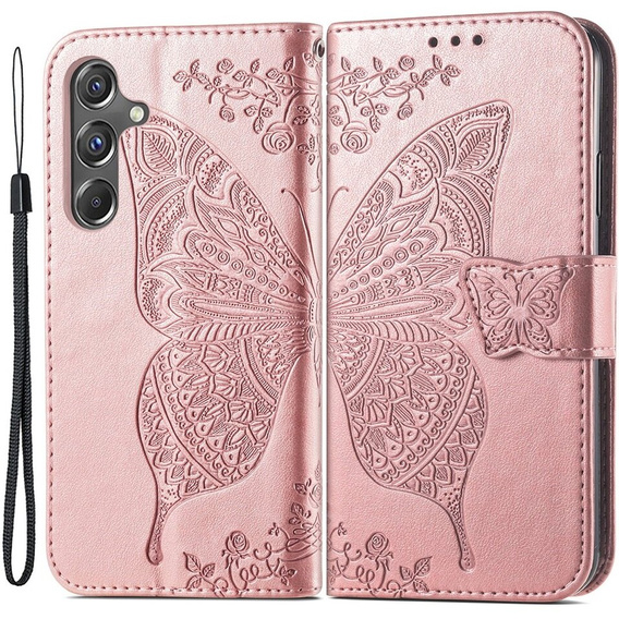 Откидной чехол для Samsung Galaxy A15, Butterfly Flower, розовый rose gold + 9H стекло  