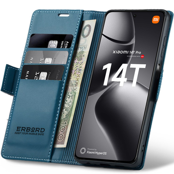 Чохол для Xiaomi 14T Pro, ERBORD Glossy Litchi, гаманець з клапаном, м'яти
