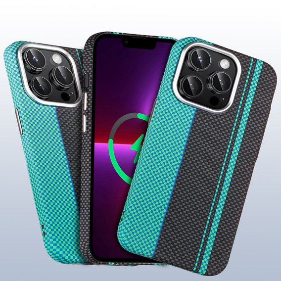 Чохол для iPhone 13 Pro Max, Carbon Fiber MagSafe, чорний / синій