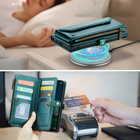 Чехол CASEME для Samsung Galaxy S25 FE, RFID Leather Wallet, с плечевым ремнем, зелёный