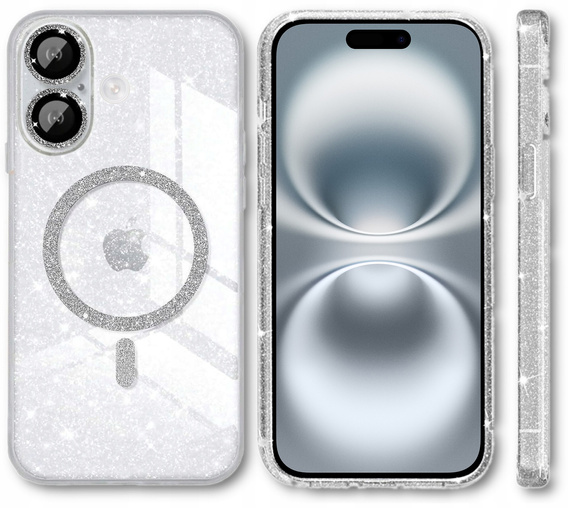 Чохол для iPhone 16, ERBORD Glitter MagSafe, прозорий + Скло для екрану