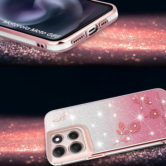 Чохол для Motorola Moto G86 5G, Glitter Flower, рожевий rose gold