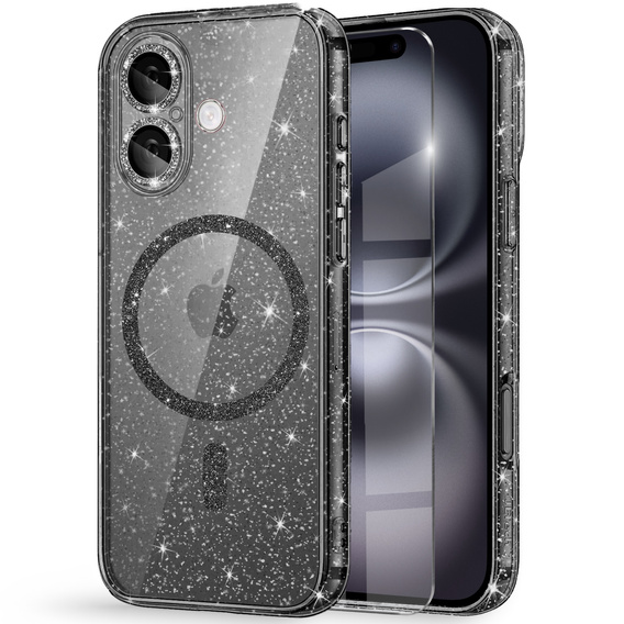 Чехол для iPhone 16, ERBORD Glitter MagSafe, чёрный + стекло для экрана