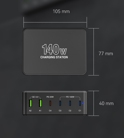 Зарядна станція ERBORD 140 Вт 4x USB-C + 2x USB-A, чорна