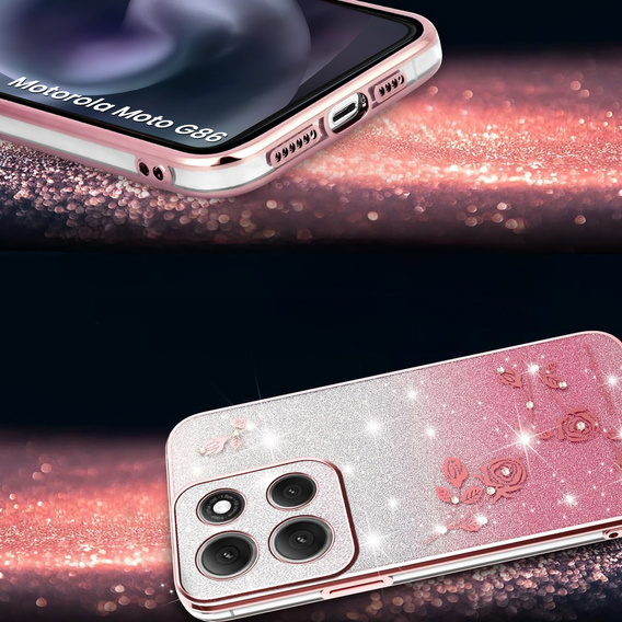Чохол для Motorola Moto G86 5G, Glitter Flower, рожевий rose gold