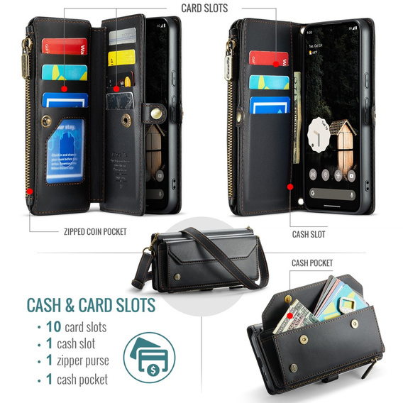 Чехол CASEME для Samsung Galaxy A56 5G, RFID Leather Wallet, с плечевым ремнем, зелёный