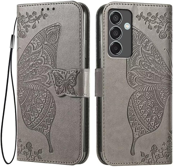 Откидной чехол для Samsung Galaxy M55 5G, Butterfly, серый