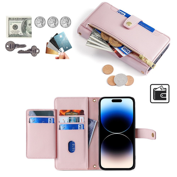 Откидной чехол для iPhone 14 Pro Max, Wallet Zipper Pocket, розовый