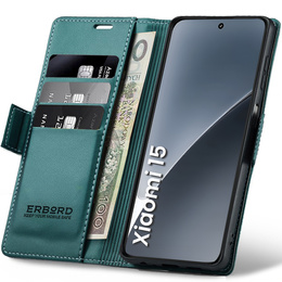 Чохол для Xiaomi 15, ERBORD Glossy Litchi, гаманець з клапаном, зелений