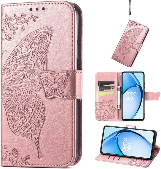 Откидной чехол для Oppo A60, Butterfly, розовый rose gold
