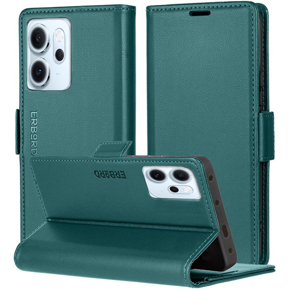 Чохол для Oppo Reno 14 F / 14 FS, ERBORD Glossy Litchi, гаманець з клапаном, зелений