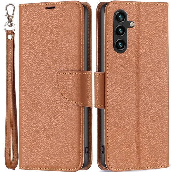 Откидной чехол для Samsung Galaxy A15, Wallet Litchi Leather, коричневый + 9H стекло 