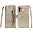 Откидной чехол для Samsung Galaxy A55, Wallet Zipper Pocket Glittery, золотой