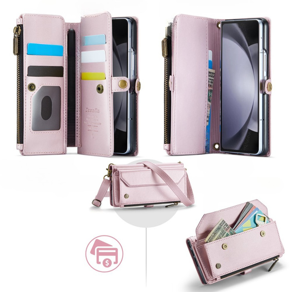 Чехол CASEME для Samsung Galaxy Z Fold6 5G, RFID Leather Wallet, с плечевым ремнем, розовый