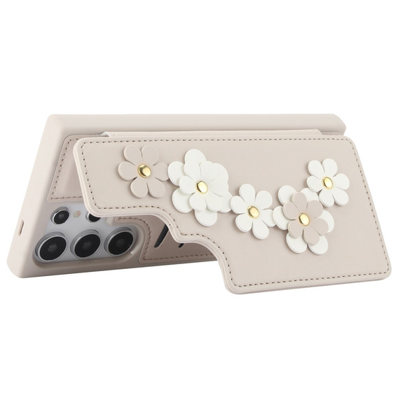 Чехол для Samsung Galaxy S24 Ultra, Leather Flower Card Slot, бежевый