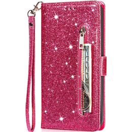 Откидной чехол для Samsung Galaxy A55, Wallet Zipper Pocket Glittery, розовый